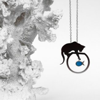 Collier chat/poisson bleu en argent 925 rhodié