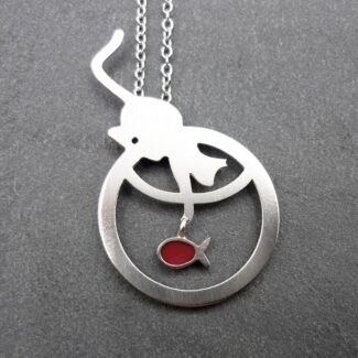 Collier chat et poisson rouge argent 925 rhodié