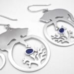 Boucles d'oreilles chats/corail/poissons bleus argent rhodié